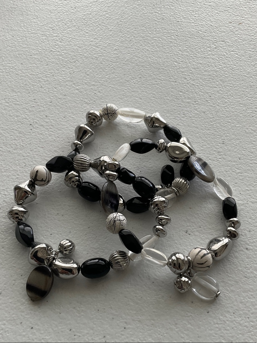 3-Pc Silver & Black Beaded Stretch Bracelet Set